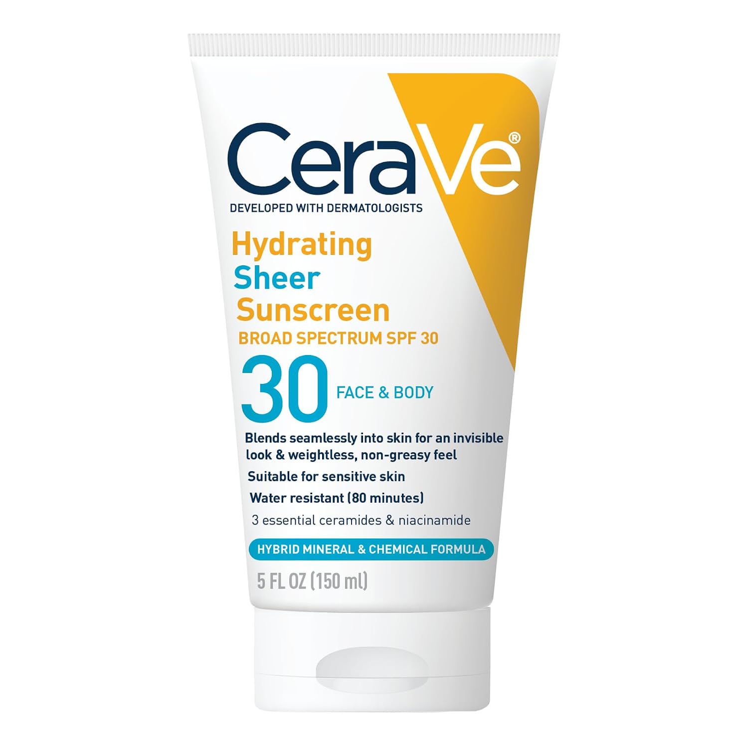 CeraVe Hydrating Sheer Sunscreen SPF 30 with Hyaluronic Acid. 5oz | Mineral and Chemical Sunscreen For Face and Body with Zinc Oxide & Ceramides. Fragrance-Free and Paraben-Free