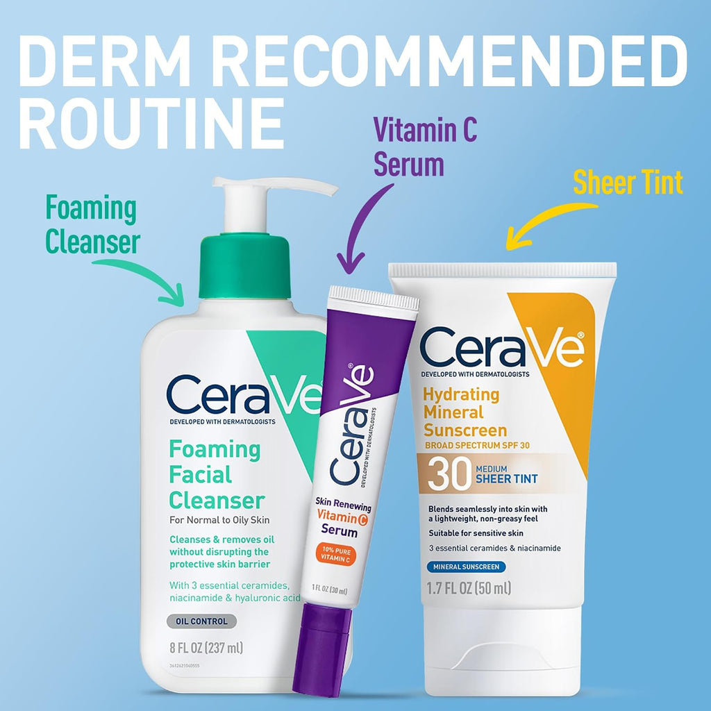 CeraVe Tinted Sunscreen for Face. Mineral SPF 30 Moisturizer. Light. 1.7oz | Skin Care. Face Sunscreen. Hyaluronic Acid. Zinc Oxide. Titanium Dioxide. Sheer Tint. Healthy Glow. Blends Seamlessly