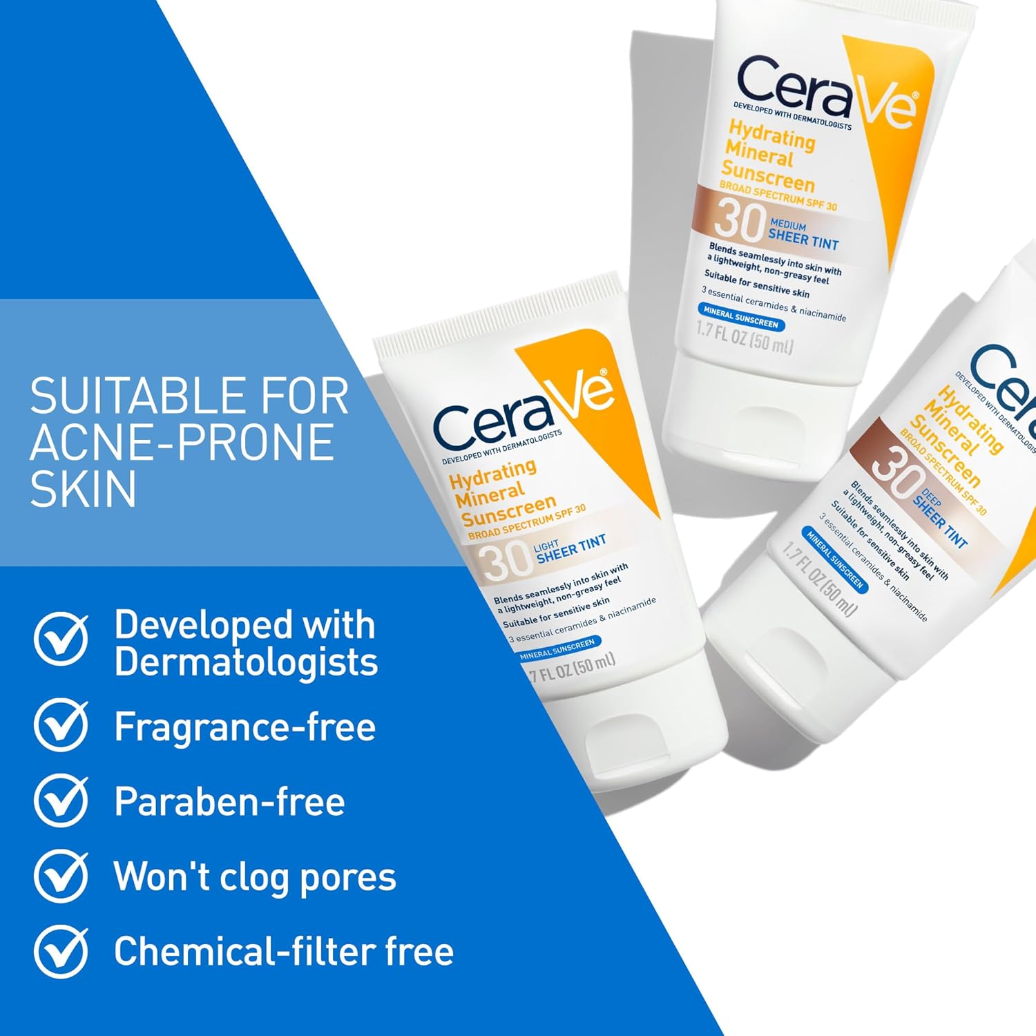 CeraVe Tinted Sunscreen for Face. Mineral SPF 30 Moisturizer. Medium. 1.7oz | Skin Care. Face Sunscreen. Hyaluronic Acid. Zinc Oxide. Titanium Dioxide. Sheer Tint. Healthy Glow. Blends Seamlessly