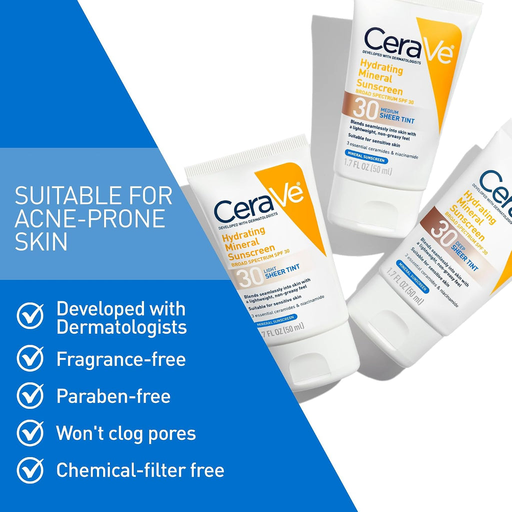 CeraVe Hydrating Mineral Sunscreen SPF 30 with Sheer Tint.Tinted Mineral Sunscreen with Zinc Oxide & Titanium Dioxide.Blends Seamlessly For Healthy Glow.Deep.1.7 Oz.(Pack of 2)