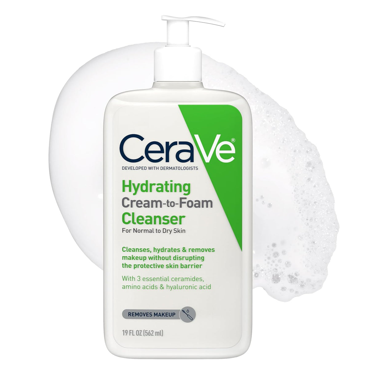 CeraVe Hydrating Cream To Foam Cleanser. Face Wash for Dry Skin. 19oz | Skin Care with Hyaluronic Acid. Makeup Remover. Facial Cleanser. Fragrance-Free. Non-Comedogenic. For Normal To Dry Skin