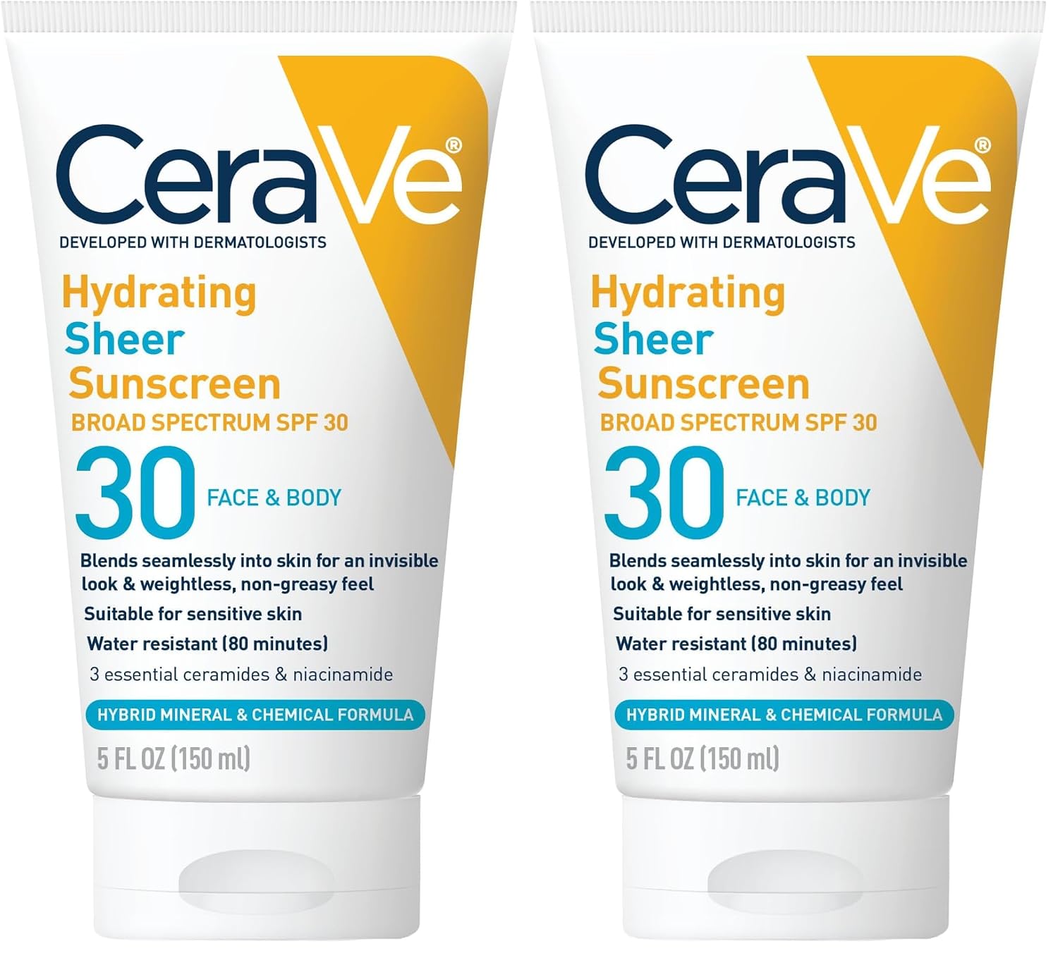 CeraVe Hydrating Sheer Sunscreen SPF 30 with Hyaluronic Acid. 3oz | Mineral and Chemical Sunscreen For Face and Body with Zinc Oxide & Ceramides. Fragrance-Free & Paraben-Free