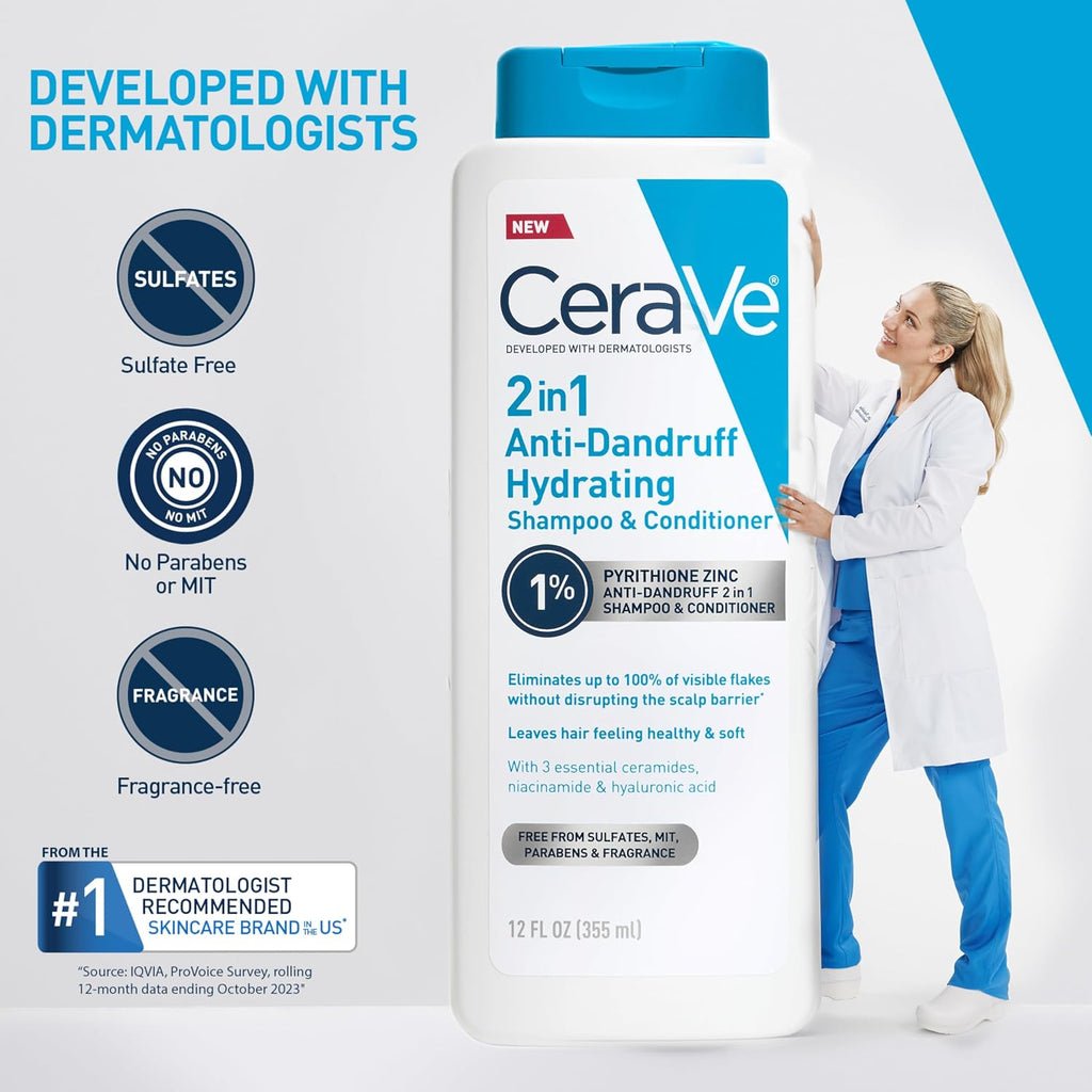 CeraVe 2 In 1 Hydrating Anti Dandruff Shampoo And Conditioner. 19 Fl Oz | 1% Pyrithione Zinc Dandruff Treatment Helps Eliminate Flakes and Relieve Itchy Scalp In a Sulfate-Free. Color-Safe Formula