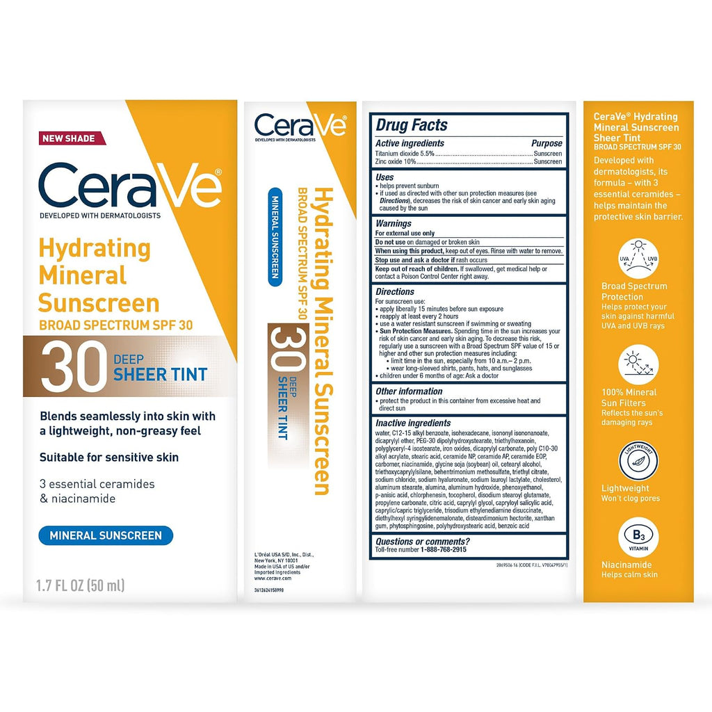 CeraVe Hydrating Mineral Sunscreen SPF 30 with Sheer Tint.Tinted Mineral Sunscreen with Zinc Oxide & Titanium Dioxide.Blends Seamlessly For Healthy Glow.Deep.1.7 Oz.(Pack of 2)