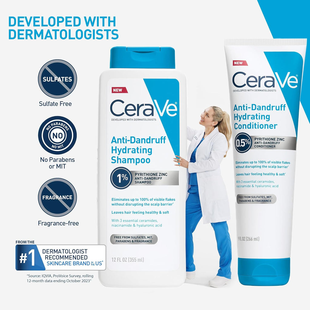 CeraVe Hydrating Anti Dandruff Shampoo and Conditioner Set. Pyrithione Zinc Dandruff Treatment With Ceramides. Hyaluronic Acid & Niacinamide. Helps Elimanate Flakes & Reduce Itchy Scalp