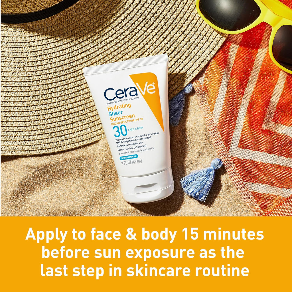 CeraVe Hydrating Sheer Sunscreen with SPF 30 for Face and Body.Mineral&Chemical Sunscreen for Men&Women with Zinc Oxide.Hyaluronic Acid and Ceramides.Paraben-Free + Fragrance-Free.5 Ounces.(Pack of 2)